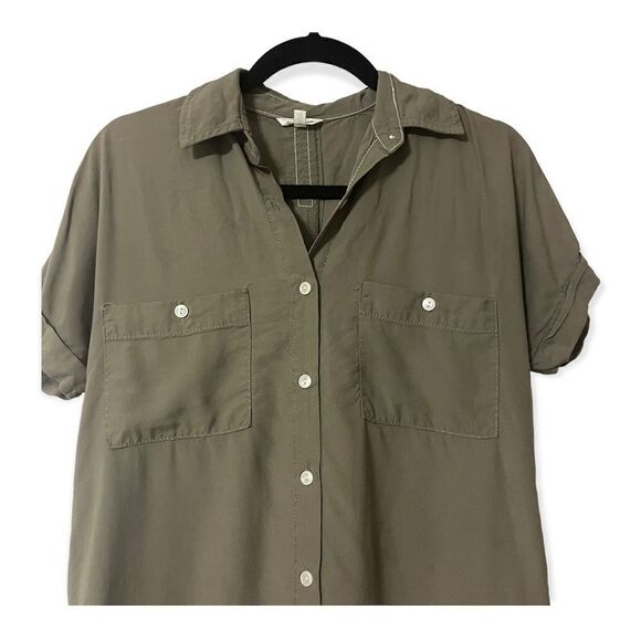 Max studio dress XS extra small green olive army EUC button up short sleeve EUC - Picture 2 of 7